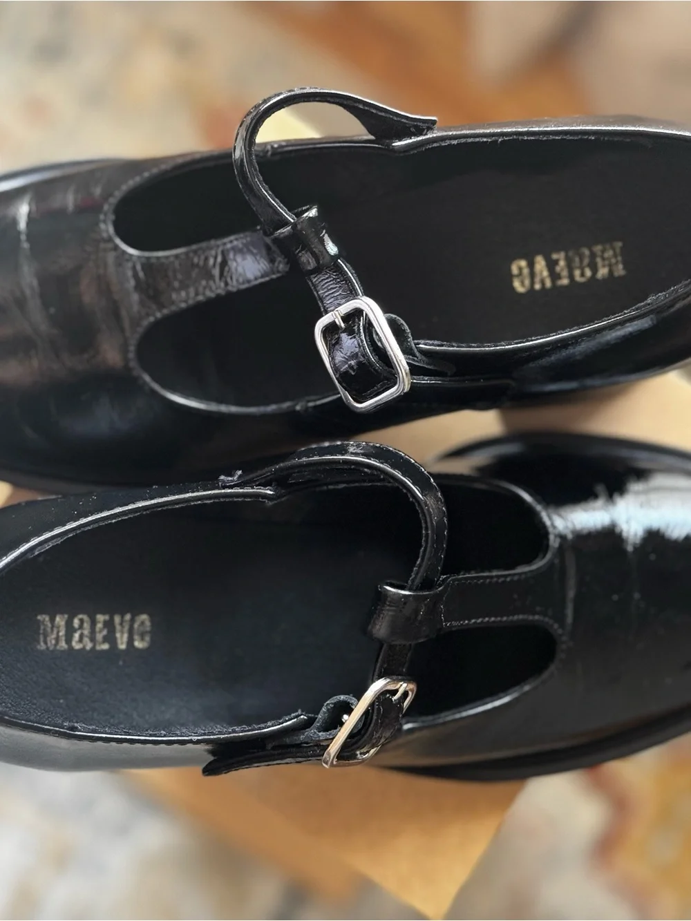 Maeve Black Patent T-Strap Mary Janes with Silver Buckles